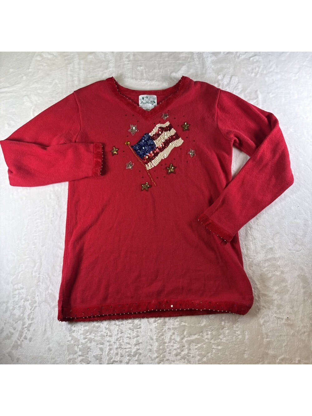 Quacker Factory Patriotic Sequin American Flag Sweater Red Small Cotton Blend